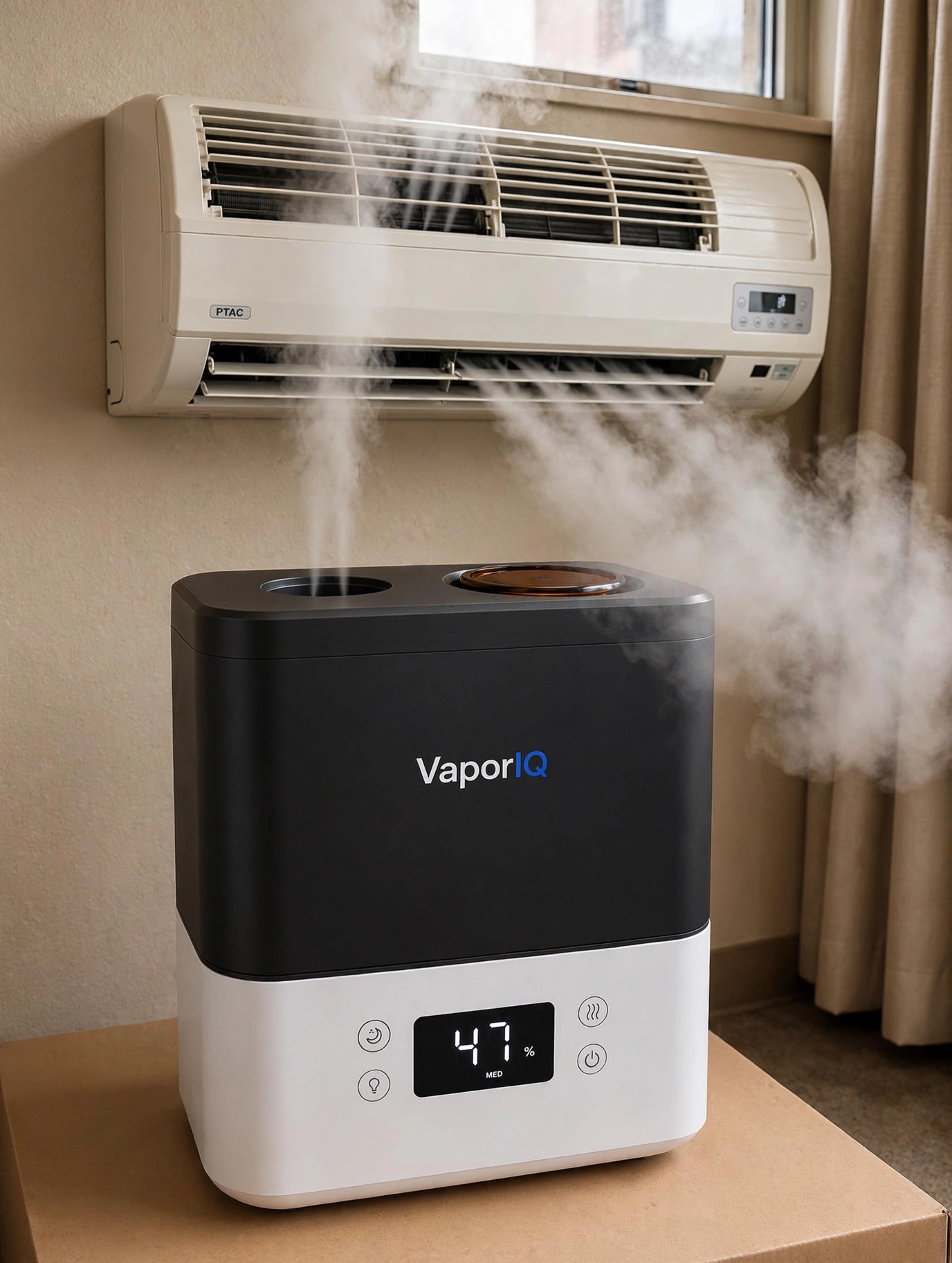 VaporIQ unit operating in a hotel room near a PTAC window unit